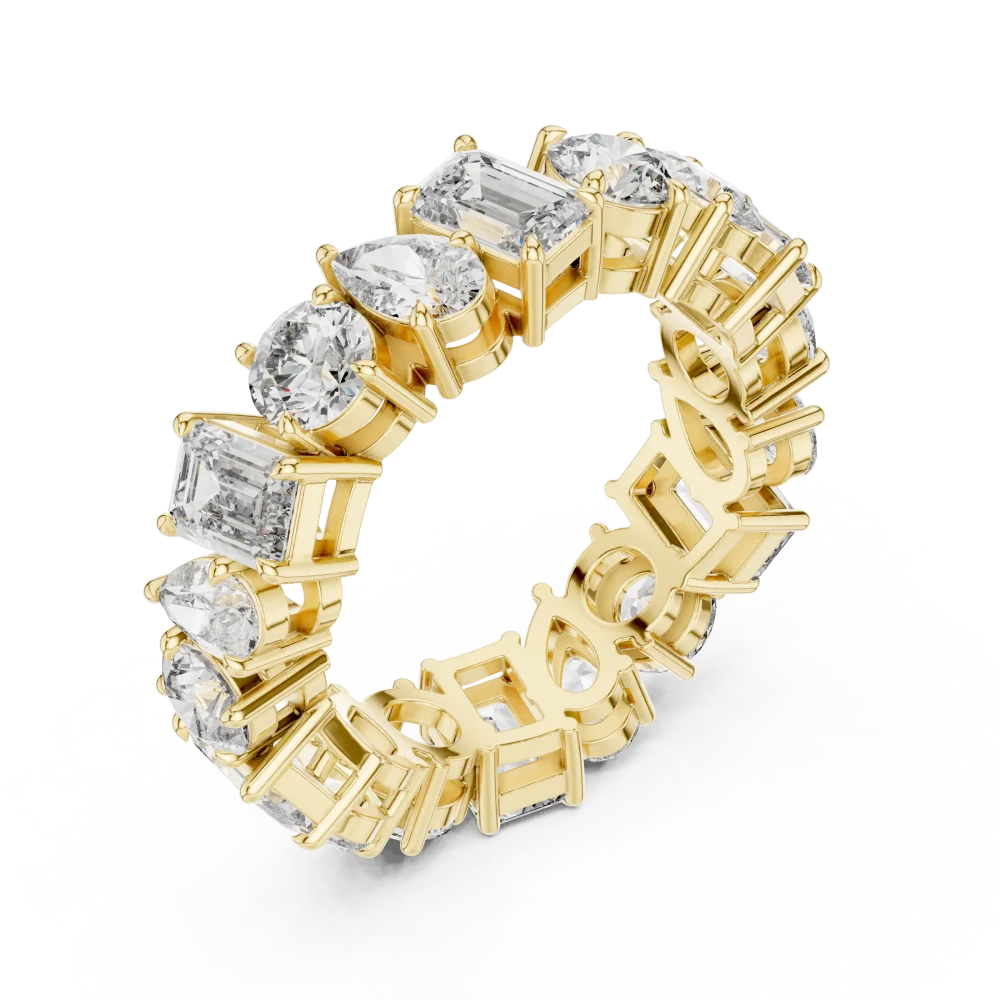 Discover the radiant Infinite Symphony Eternity Band, featuring pear, round, and emerald DIAMEUR diamonds. Elevate your style with this masterpiece.