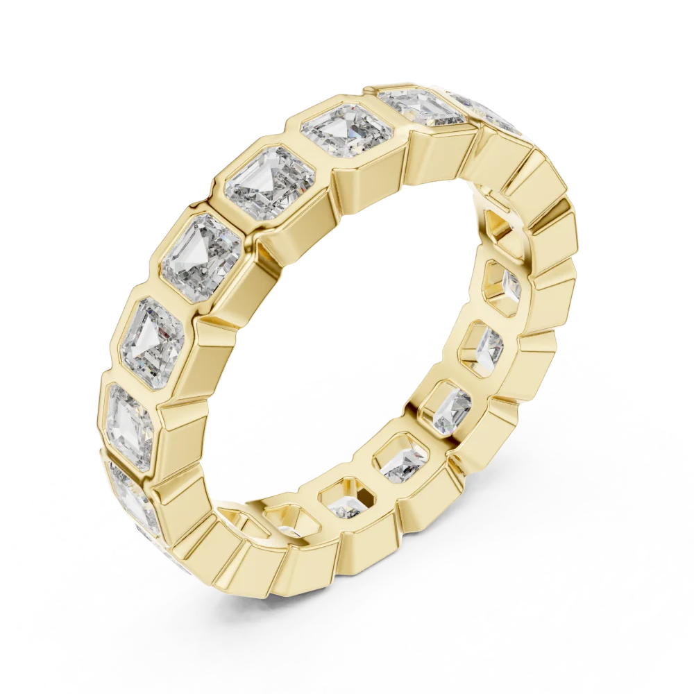 Experience modern luxury with our emerald cut eternity band. Featuring brilliant DIAMEUR diamonds in a sleek bezel setting, shop this masterpiece.