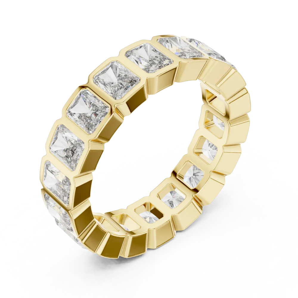 Experience the bold elegance of this radiant-cut eternity band. Expertly set in gold, these DIAMEUR diamonds promise brilliance. Shop now.