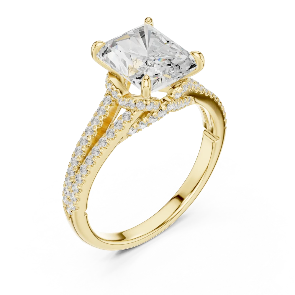 Experience the brilliance of our radiant-cut Solitaire ring. Featuring a striking center DIAMEUR diamond, this elegant design is the perfect engagement choice.