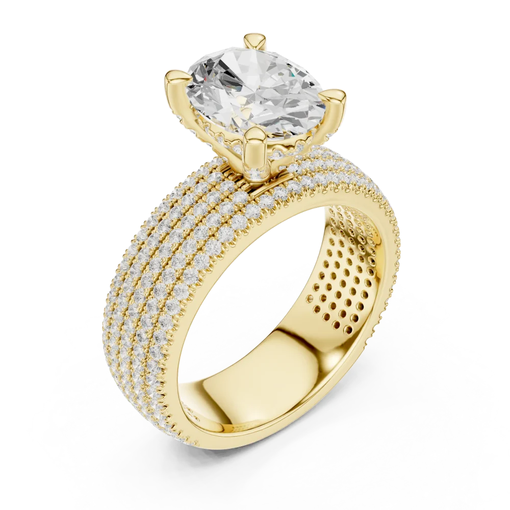 Experience the radiant allure of this oval Solitaire ring, featuring a brilliant DIAMEUR diamond and intricate pavé band. Elevate your collection today.