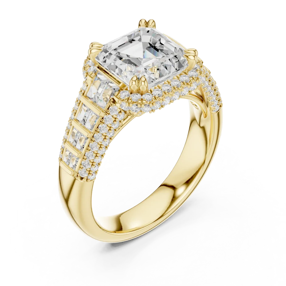 Elevate your style with this architectural Solitaire ring featuring a bold asscher-cut DIAMEUR diamond and radiant accents. Discover sustainable luxury today.