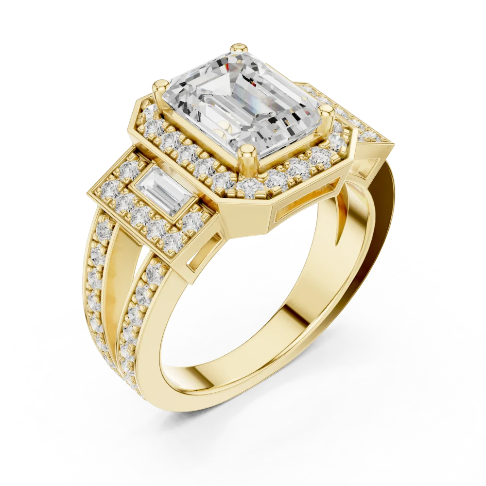 Discover the radiant allure of this architectural emerald cut Solitaire ring. Handcrafted with DIAMEUR diamonds for timeless luxury. Shop the piece.