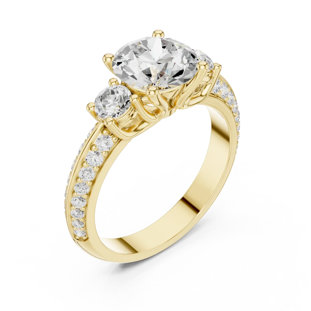 Experience the radiant fire of this three-stone Solitaire engagement ring, featuring premium DIAMEUR lab-grown diamonds. A modern classic for your love.