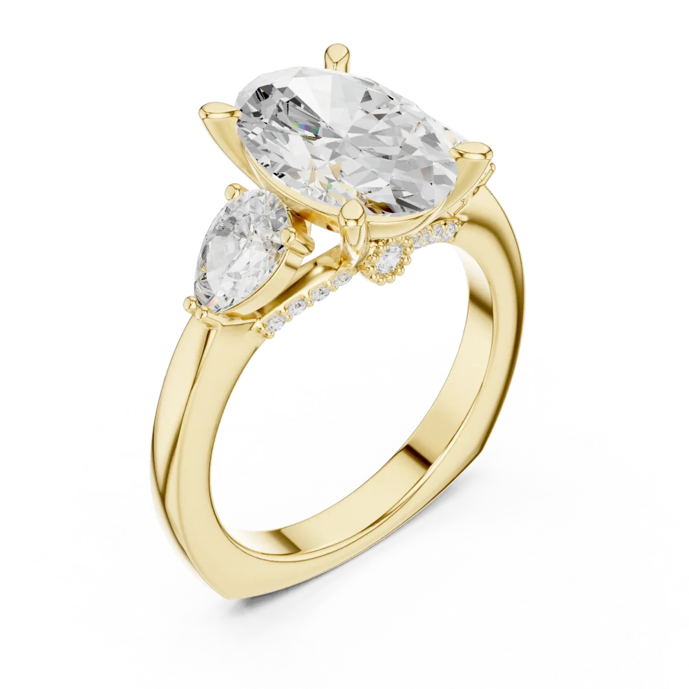 Experience the radiant glow of our Solitaire ring, featuring a brilliant-cut oval center and pear accents. Elevate your collection with this modern classic.