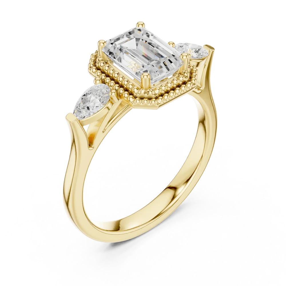 Discover the Luminary Solitaire ring, featuring a brilliant emerald-cut DIAMEUR diamond flanked by pear accents. Experience sustainable luxury today.