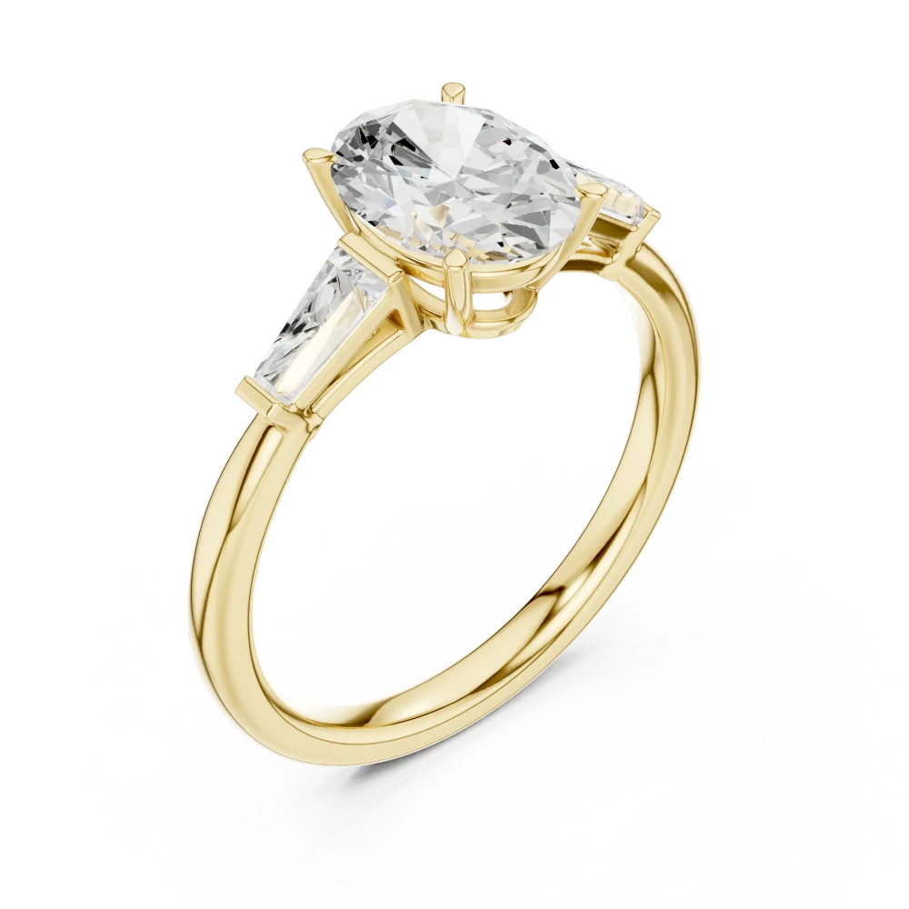 Discover the brilliance of our oval Solitaire ring featuring sleek baguette accents. A sustainable, modern classic—experience true luxury and shop now.