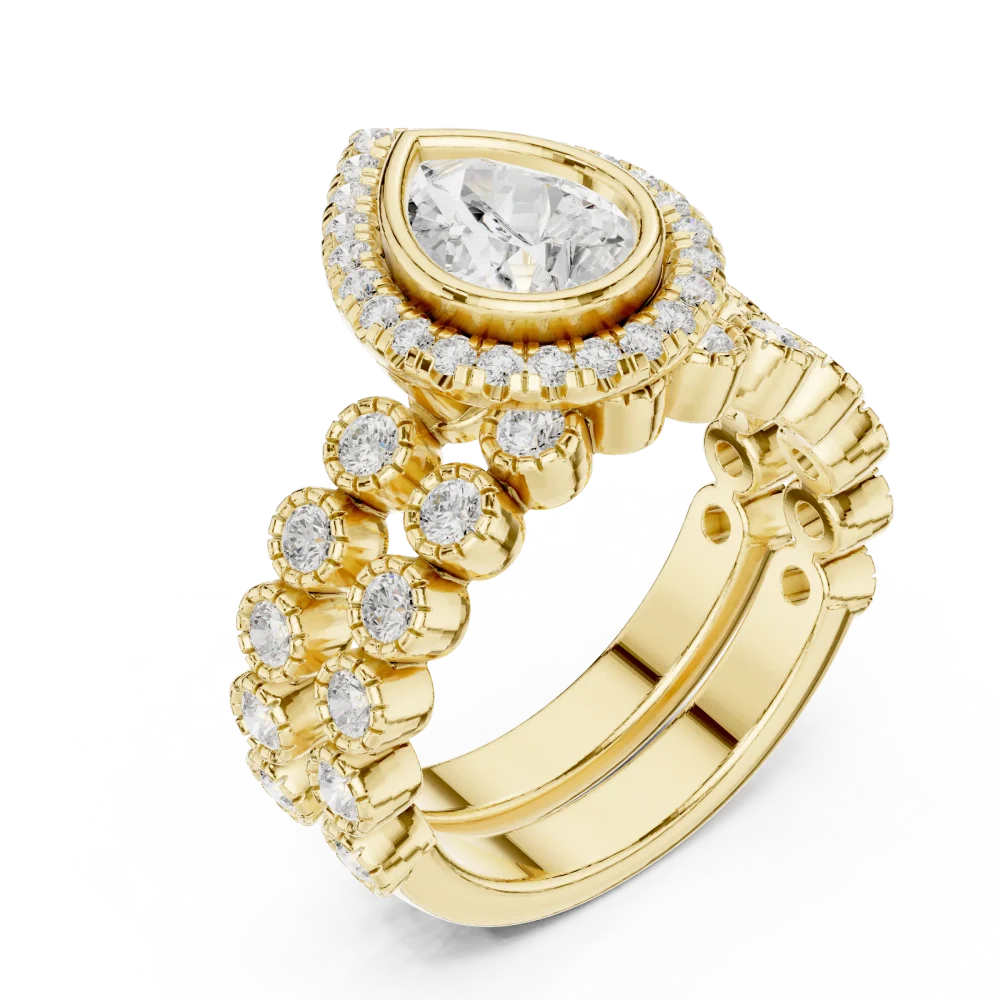 Experience the brilliance of our pear Solitaire halo engagement ring. Featuring premium DIAMEUR diamonds, this elegant design is a must-have. Shop now.