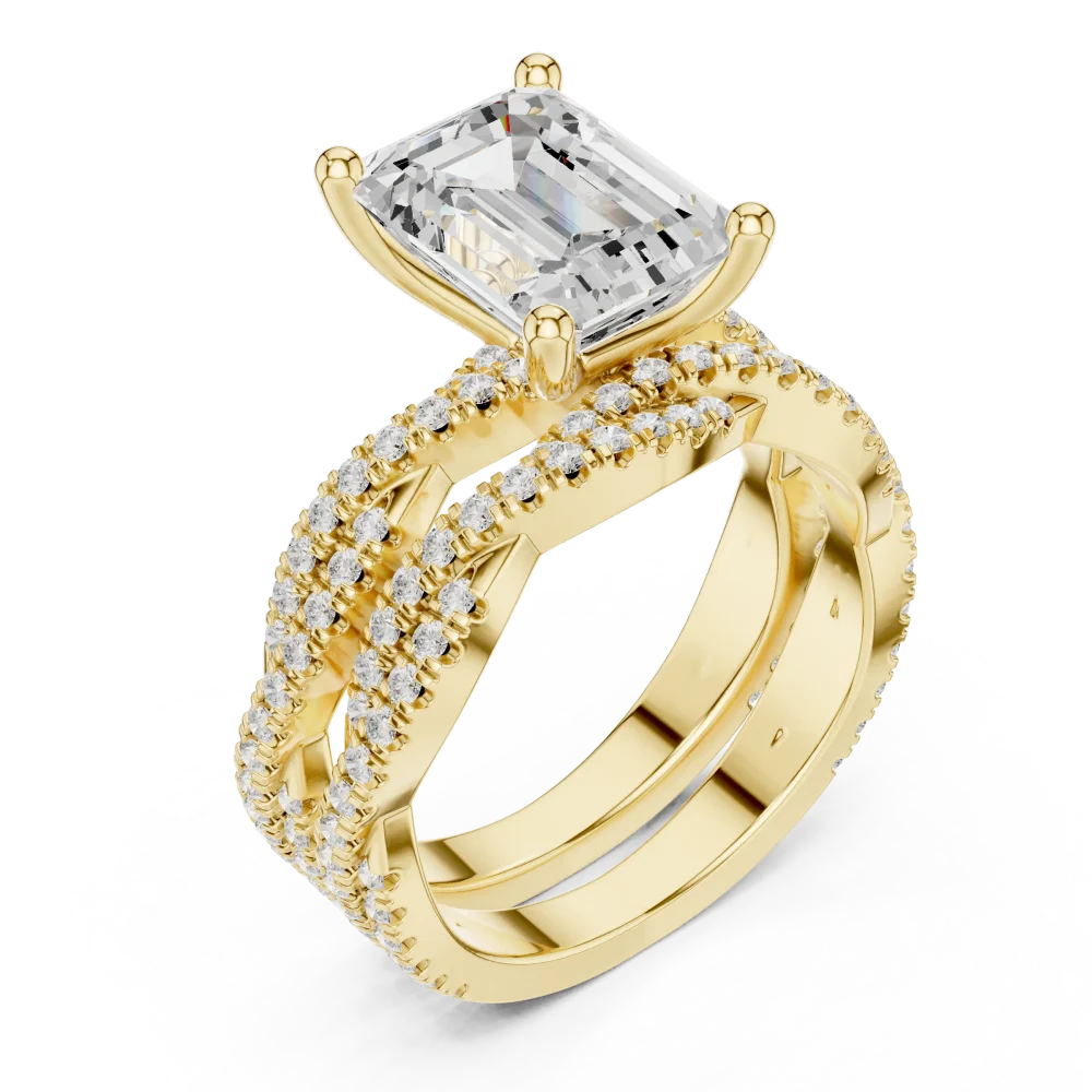 Embrace modern elegance with this Emerald Cut Solitaire ring, featuring brilliant DIAMEUR diamonds in an architectural pavé setting. Shop this masterpiece.
