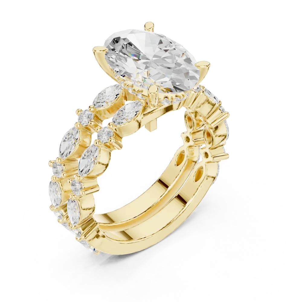 Experience the radiant brilliance of this oval Solitaire engagement ring, featuring shimmering marquise accents. Shop this sustainable modern classic today.