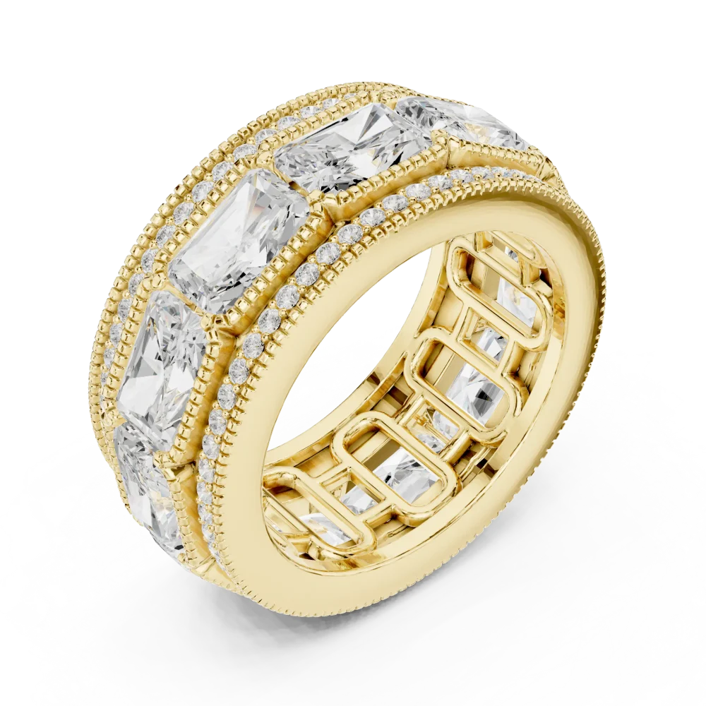 Embrace the radiance of our pavé eternity band, featuring brilliant DIAMEUR diamonds set in a sleek, architectural frame. Elevate your style today.