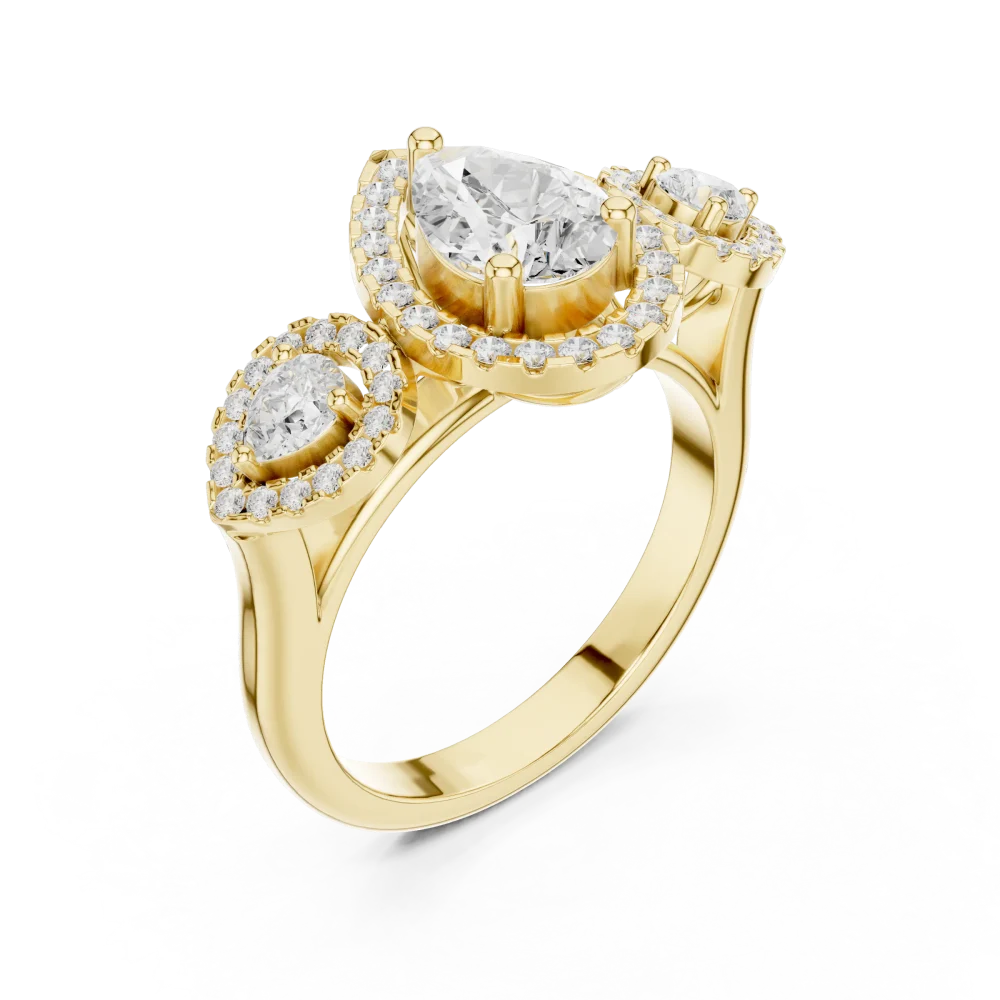 Discover the radiant beauty of this pear-cut three-stone Solitaire ring. Expertly set with DIAMEUR diamonds for timeless luxury. Shop your size today.