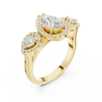 Ethereal Pear Cut Three-Stone Halo Solitaire Ring