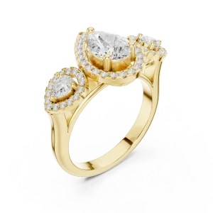 Ethereal Pear Cut Three-Stone Halo Solitaire Ring