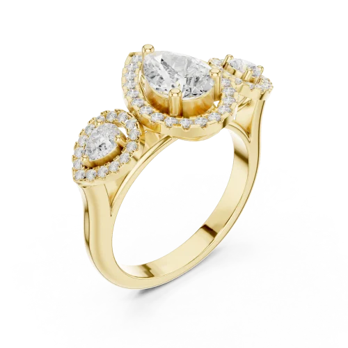 Ethereal Pear Cut Three-Stone Halo Solitaire Ring