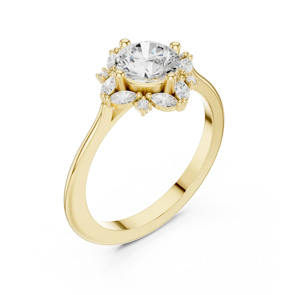 Celebrate your journey with this stunning round Solitaire ring, featuring a brilliant DIAMEUR diamond halo. Elevate your collection with this modern classic.