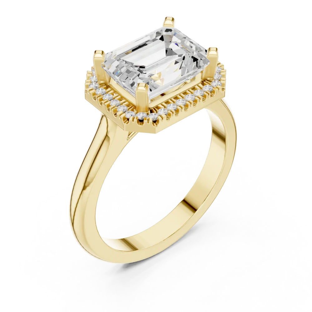 Discover the radiant beauty of our Emerald Cut Halo Solitaire Ring. Featuring a brilliant DIAMEUR diamond, this piece defines modern luxury. Shop today.
