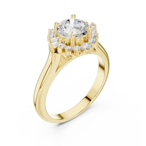 Luminary Round Brilliant Solitaire Halo Ring with Baguette Accents