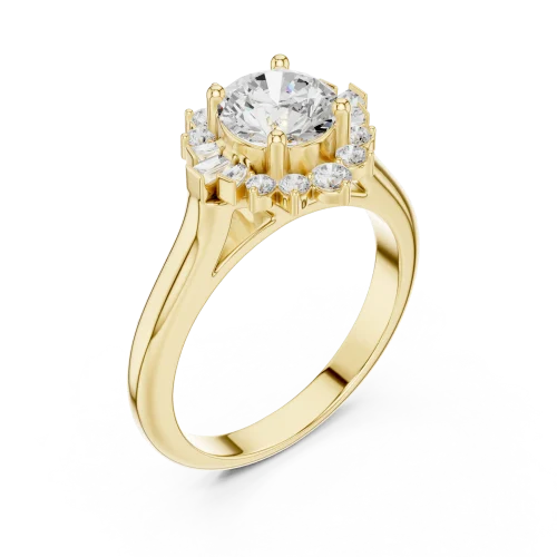 Luminary Round Brilliant Solitaire Halo Ring with Baguette Accents