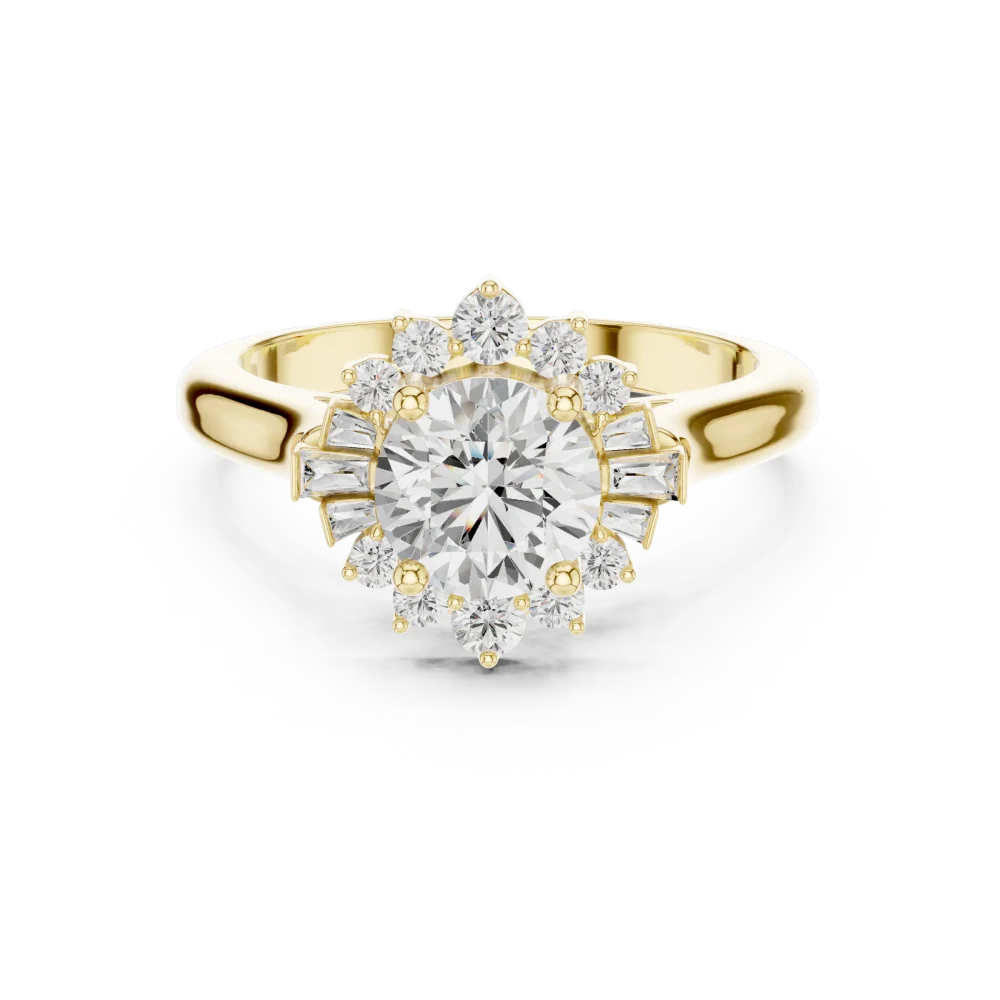 Luminary Round Brilliant Solitaire Halo Ring with Baguette Accents - Image 2