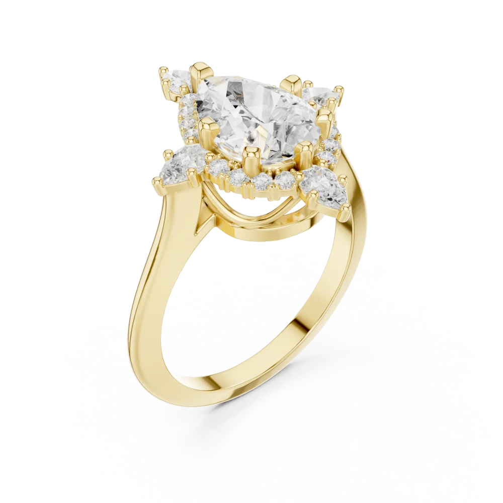 Experience the timeless allure of our pear-cut Solitaire ring. Featuring a brilliant DIAMEUR lab-grown diamond halo, this is the ultimate luxury staple.