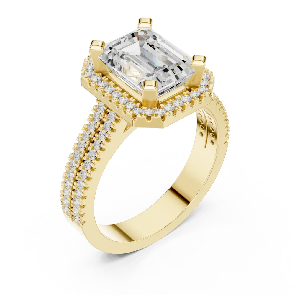 Experience timeless glamour with this emerald cut Solitaire ring, featuring a brilliant diamond halo. Shop this sustainable luxury piece today.