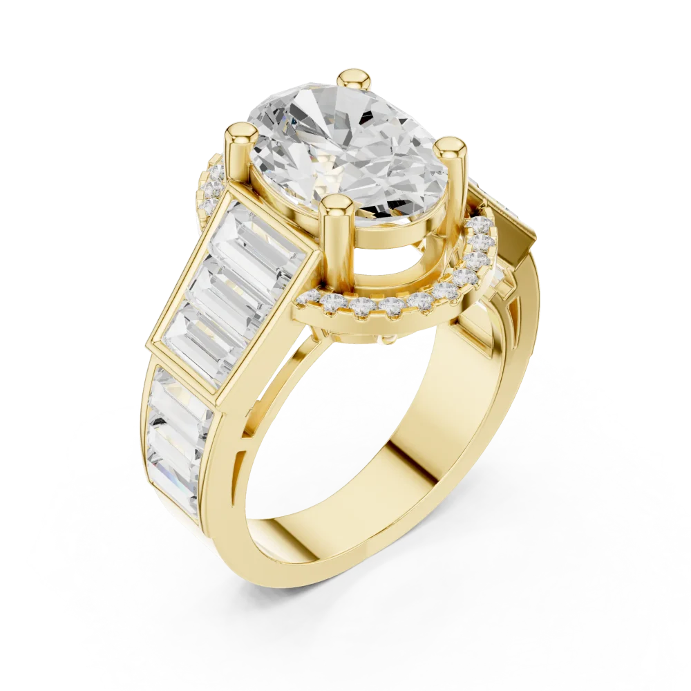 Experience modern elegance with this DIAMEUR lab-grown diamond cluster ring. Featuring an oval cut and linear baguette accents, shop this refined design.