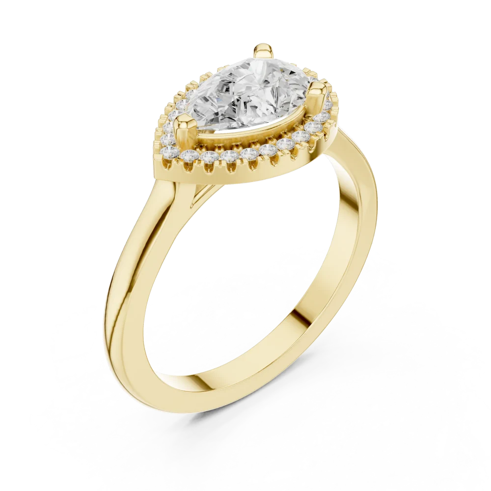 Experience the timeless allure of this pear-cut Solitaire halo ring, crafted with brilliant DIAMEUR diamonds. Elevate your collection today.