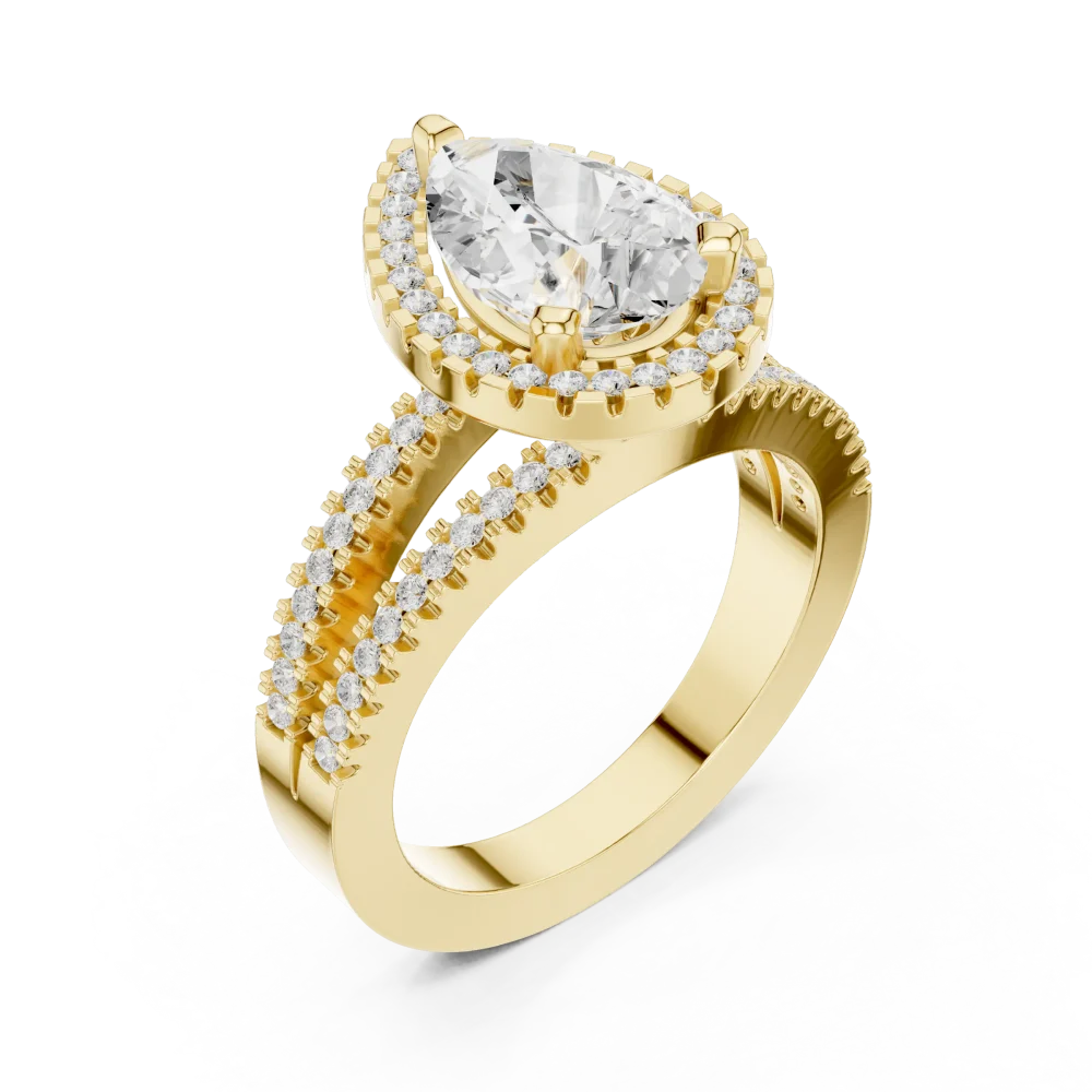 Experience the brilliance of a pear-cut Solitaire engagement ring, featuring a dazzling halo and refined pavé bands. Shop this modern classic today.