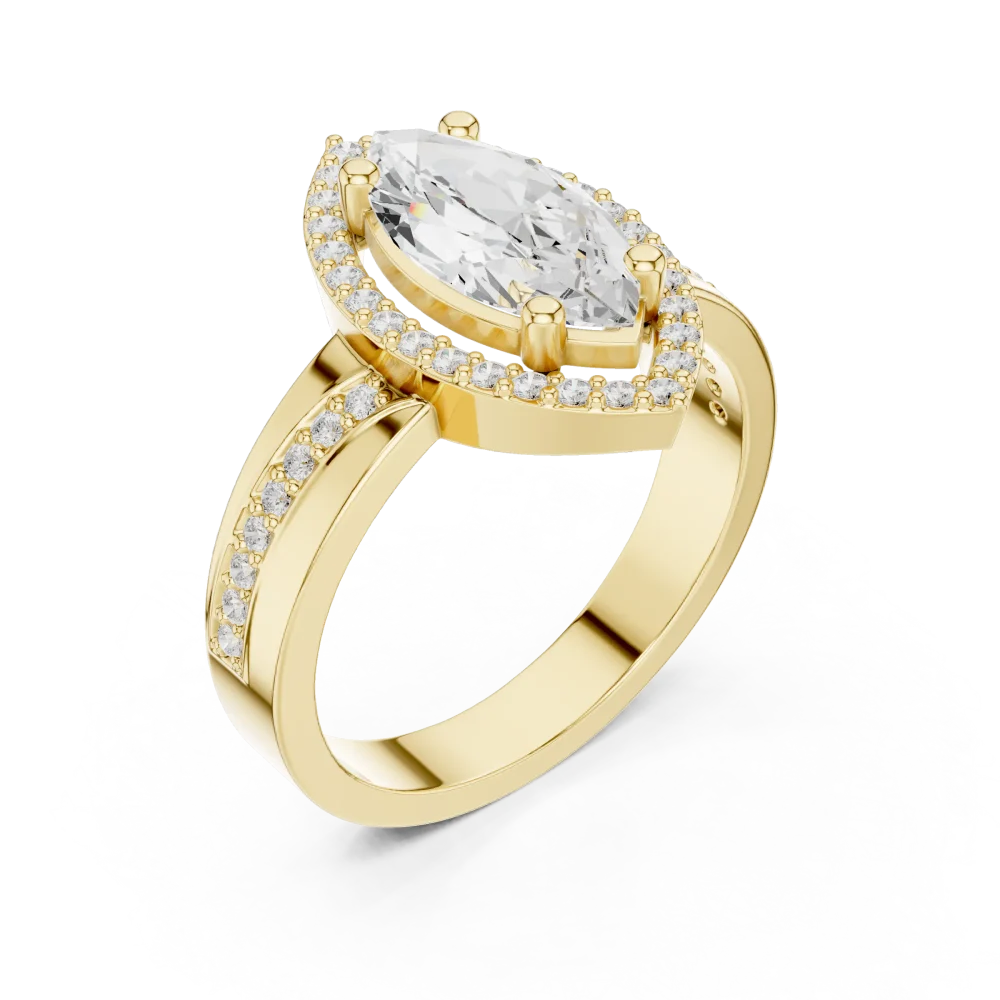 Discover the elegance of this marquise-cut DIAMEUR lab-grown diamond ring. Featuring a brilliant pavé halo, it is the ultimate symbol of modern luxury.