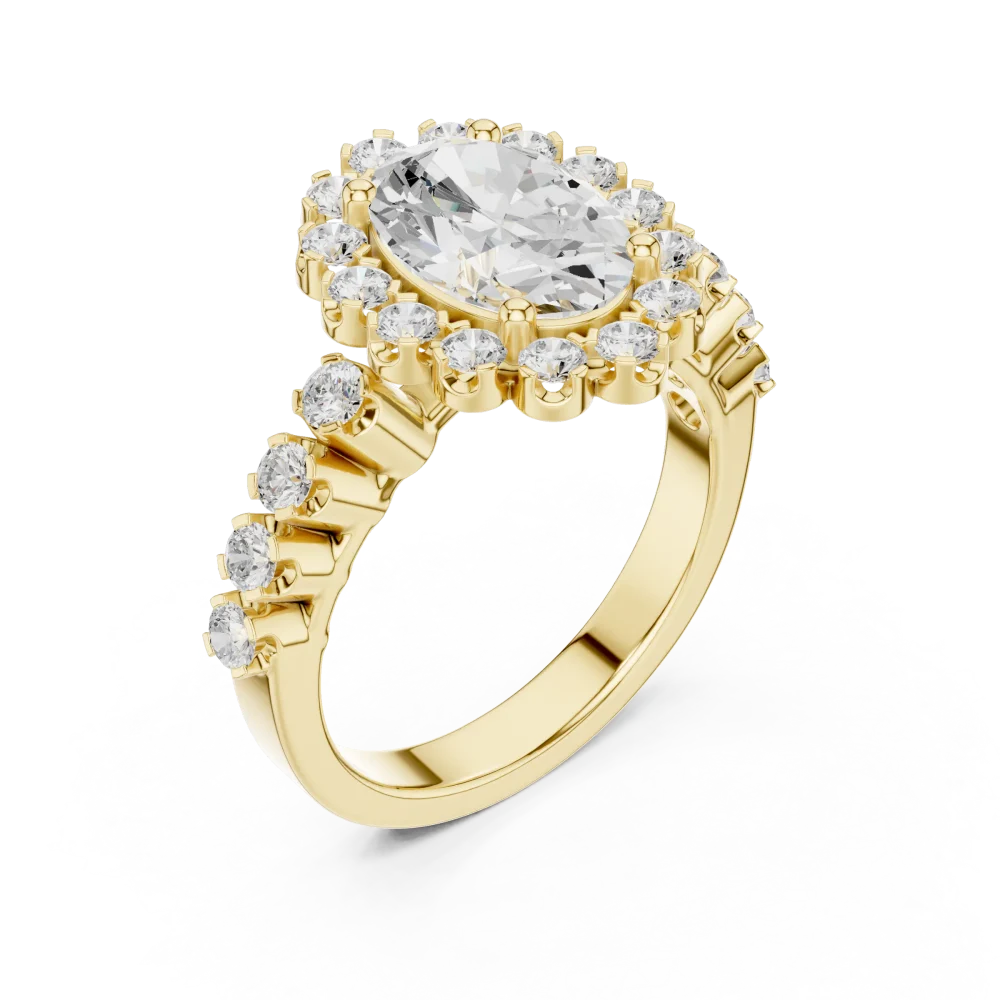 Discover the radiant allure of our oval cut Solitaire ring, featuring a brilliant DIAMEUR diamond halo. Elevate your collection with this modern classic.