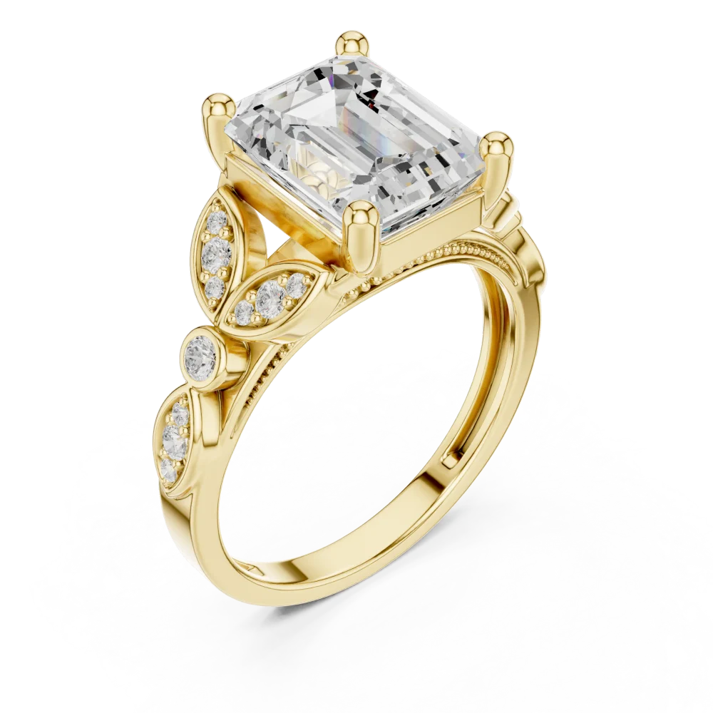 Adorn your finger with this stunning emerald-cut Solitaire ring, featuring sparkling leaf accents for a brilliant look. Shop this modern luxury today.