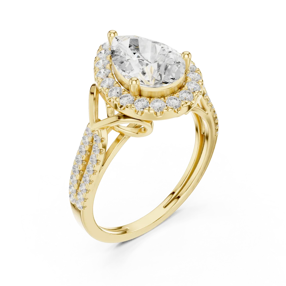 Experience the timeless allure of our Pear Solitaire Halo ring, featuring a brilliant DIAMEUR diamond. Elevate your collection with this modern classic.