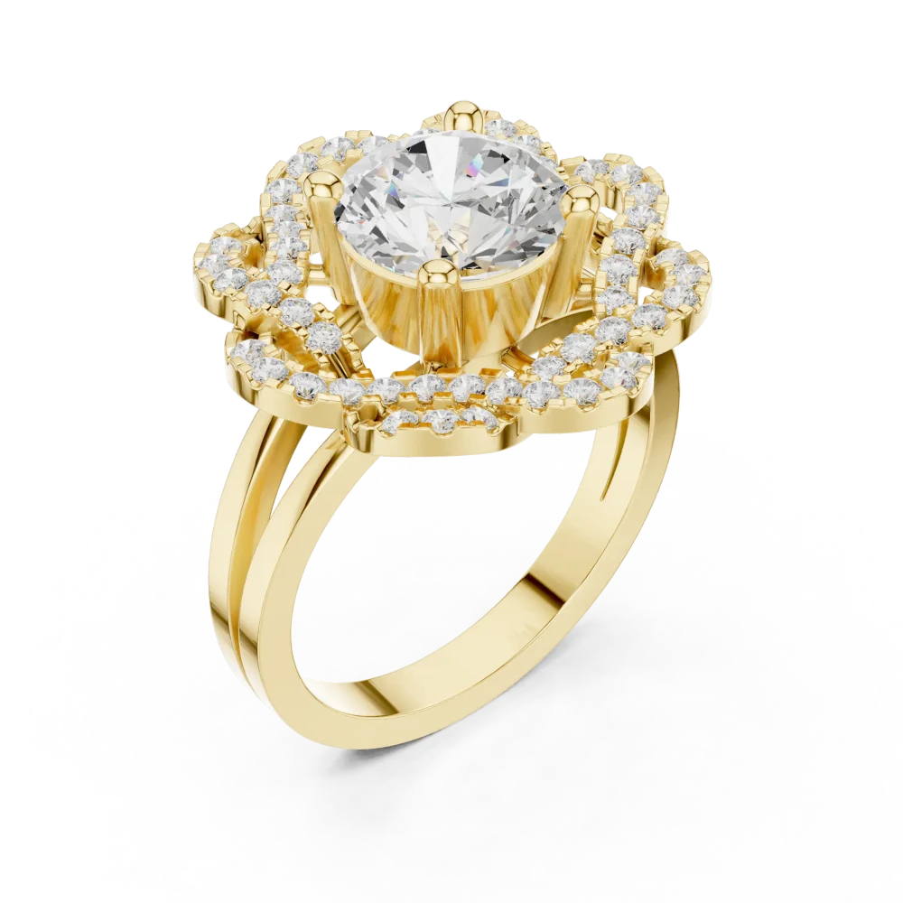 Experience the radiant beauty of this floral halo Solitaire ring, featuring a 2.00ct DIAMEUR diamond. Elevate your collection with this sustainable masterpiece.