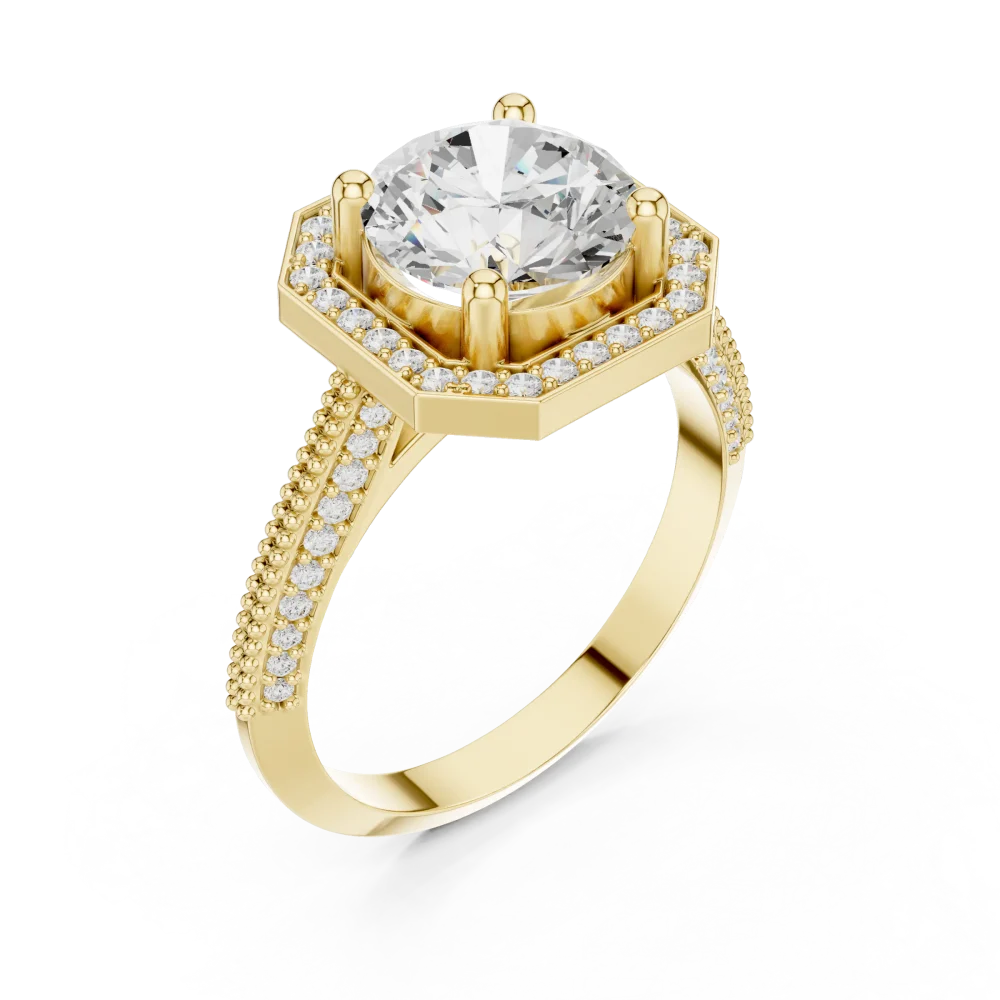 Elevate your style with this geometric Solitaire ring, featuring a brilliant DIAMEUR diamond and architectural halo. Shop this modern classic today.