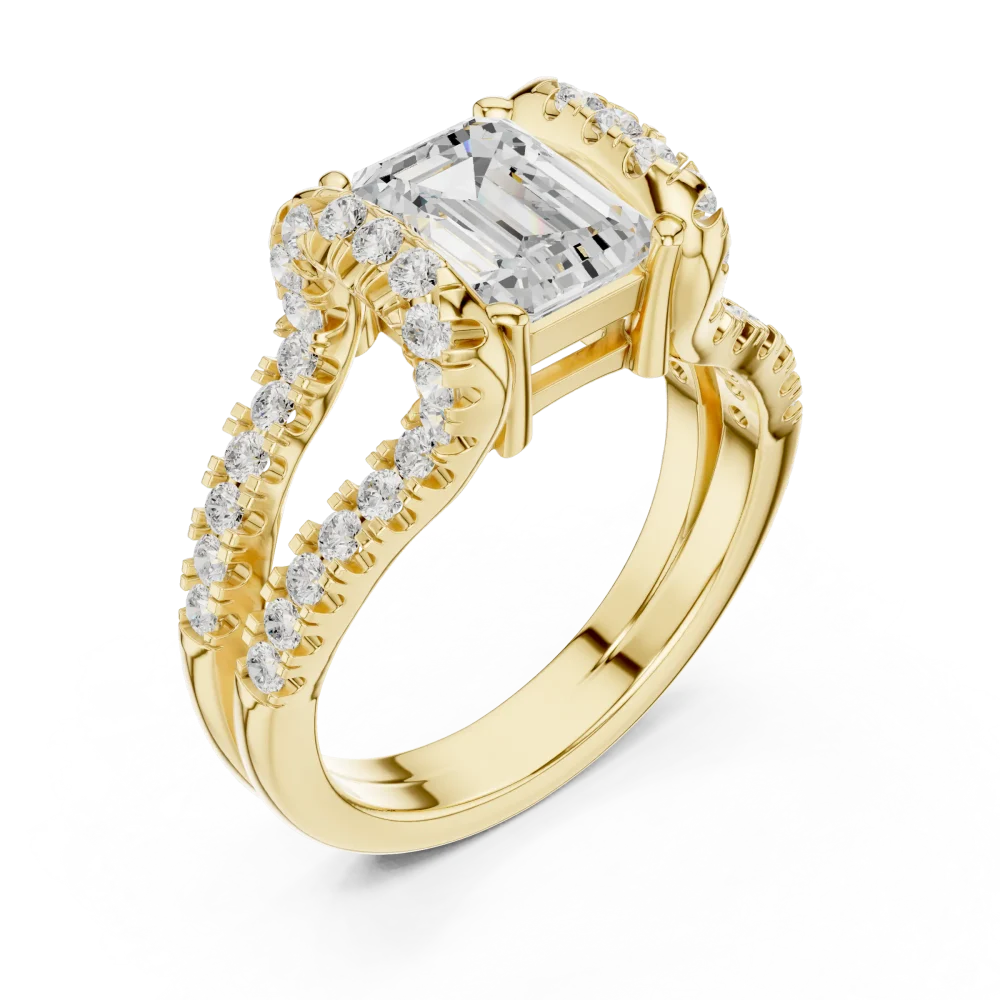 Experience modern luxury with this emerald-cut Solitaire ring, featuring a brilliant architectural split-shank design. Elevate your collection today.