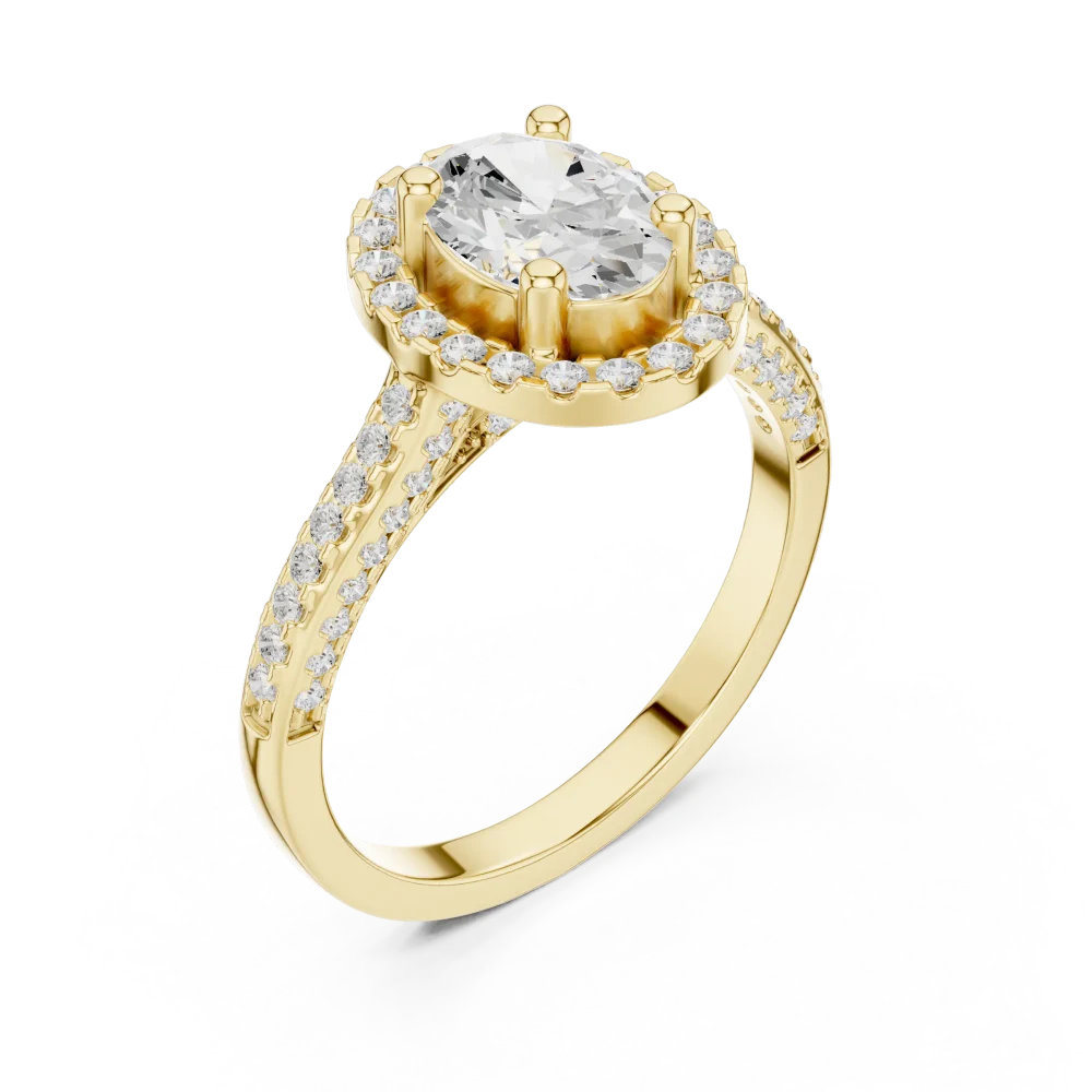 Discover the radiance of this oval Solitaire engagement ring, featuring a brilliant DIAMEUR diamond halo. Elevate your forever with sustainable luxury.