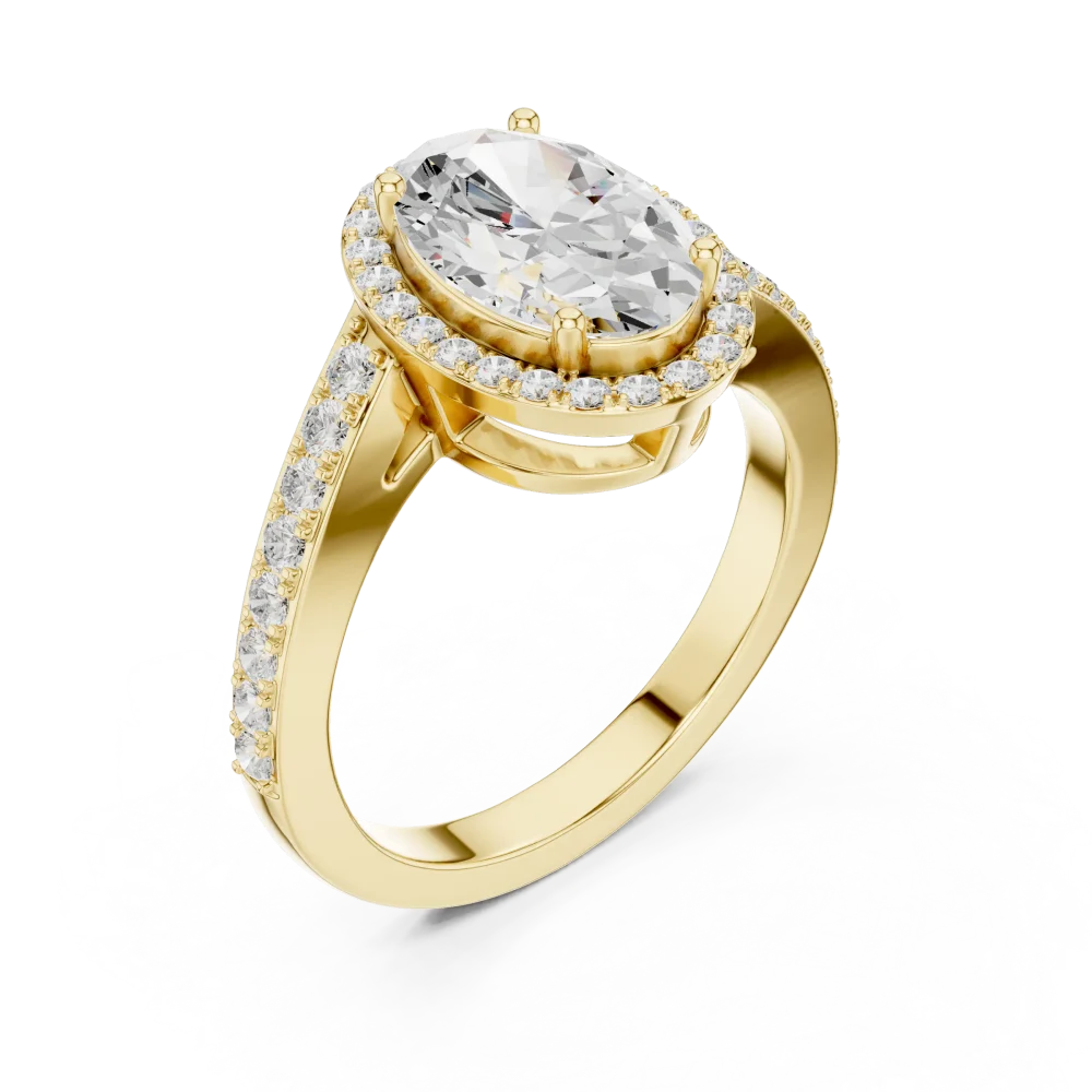 Experience the brilliant radiance of our Oval Cut Halo Solitaire Engagement Ring, featuring a stunning DIAMEUR lab-grown diamond. Shop this look today.