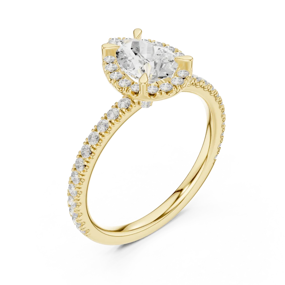 Discover the elegance of this Pear Solitaire Halo engagement ring. Featuring a brilliant DIAMEUR lab-grown diamond, it is the perfect choice for today.
