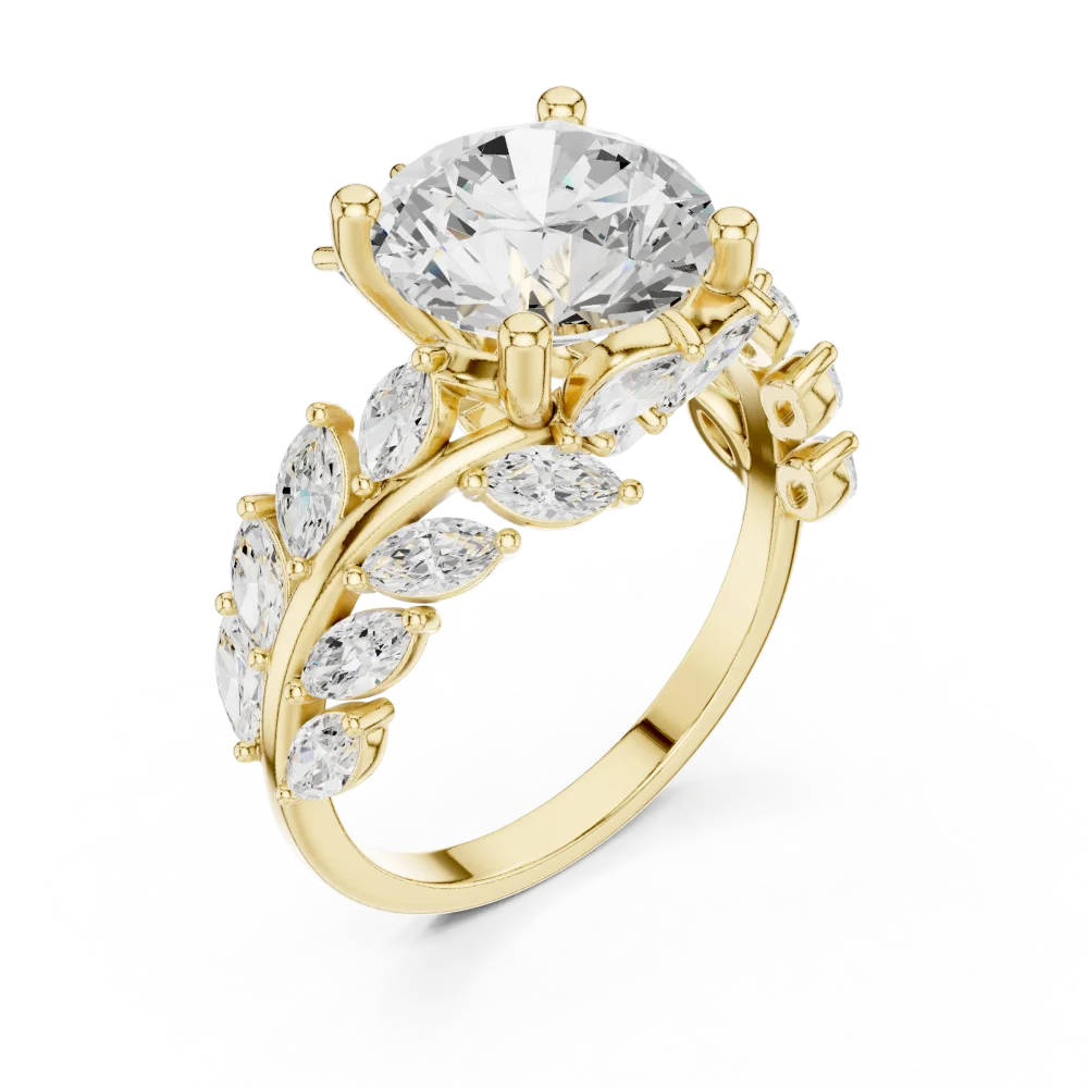 Experience the allure of this brilliant Solitaire ring, featuring a majestic round DIAMEUR diamond nestled in a marquise leaf setting. Shop luxury today.