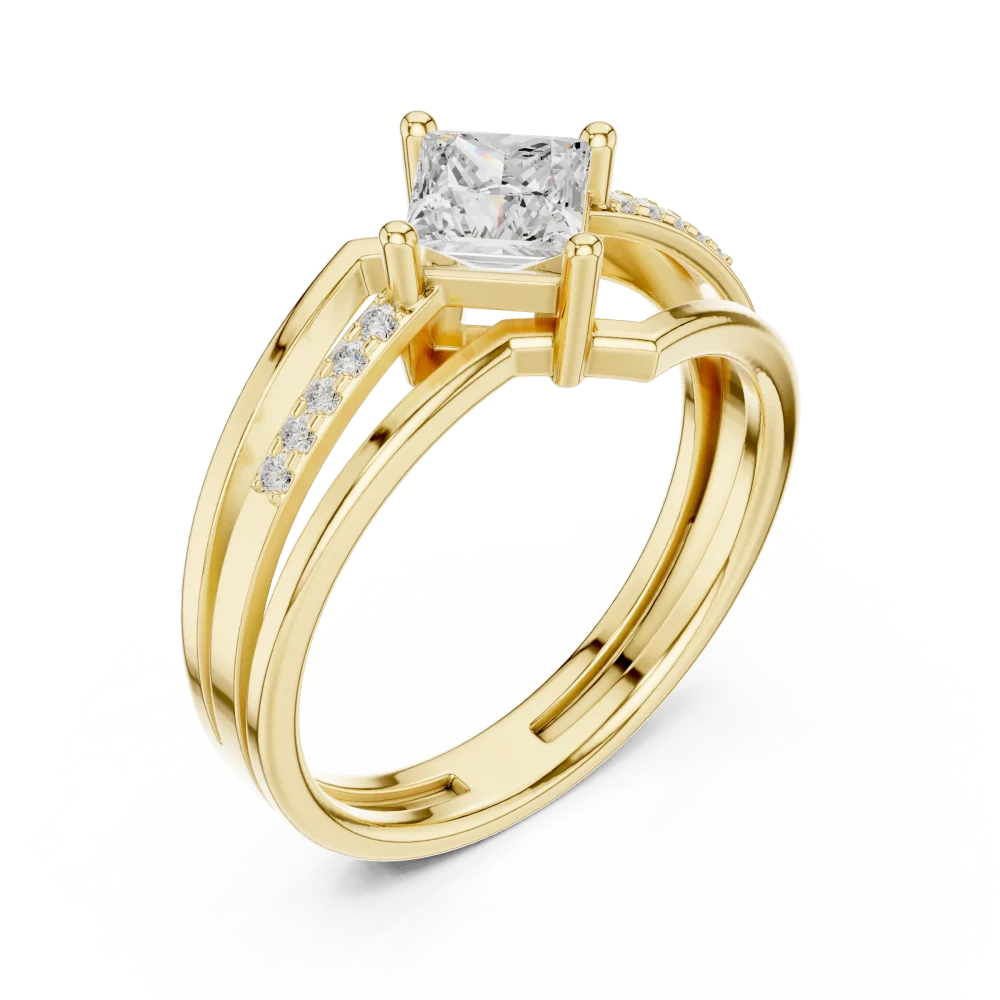 Discover the elegance of this architectural Princess Solitaire ring, featuring a brilliant DIAMEUR diamond and pavé accents. Elevate your style today.