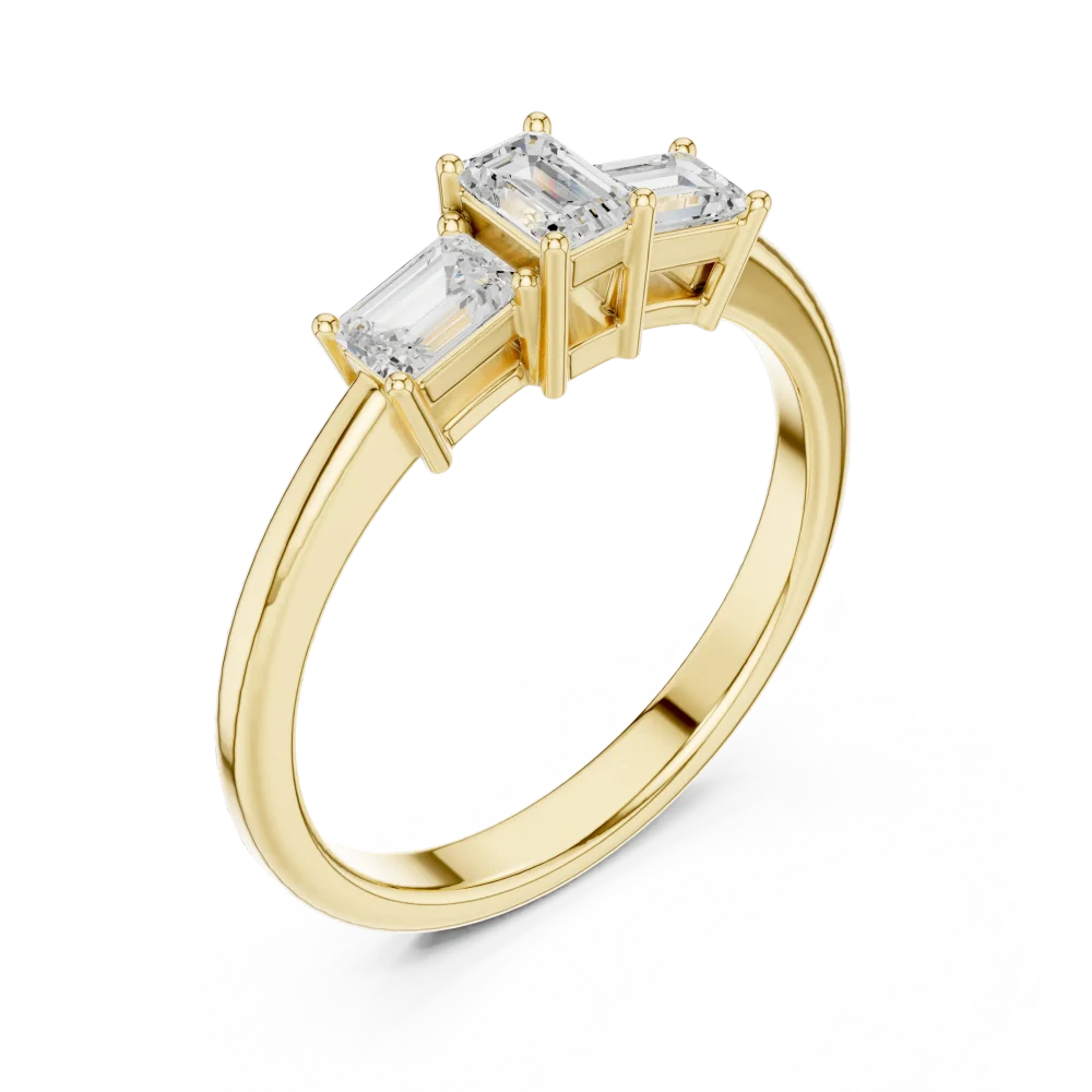 Discover the elegance of our three stone Solitaire ring. Featuring emerald-cut DIAMEUR diamonds for radiant brilliance. Elevate your style today.
