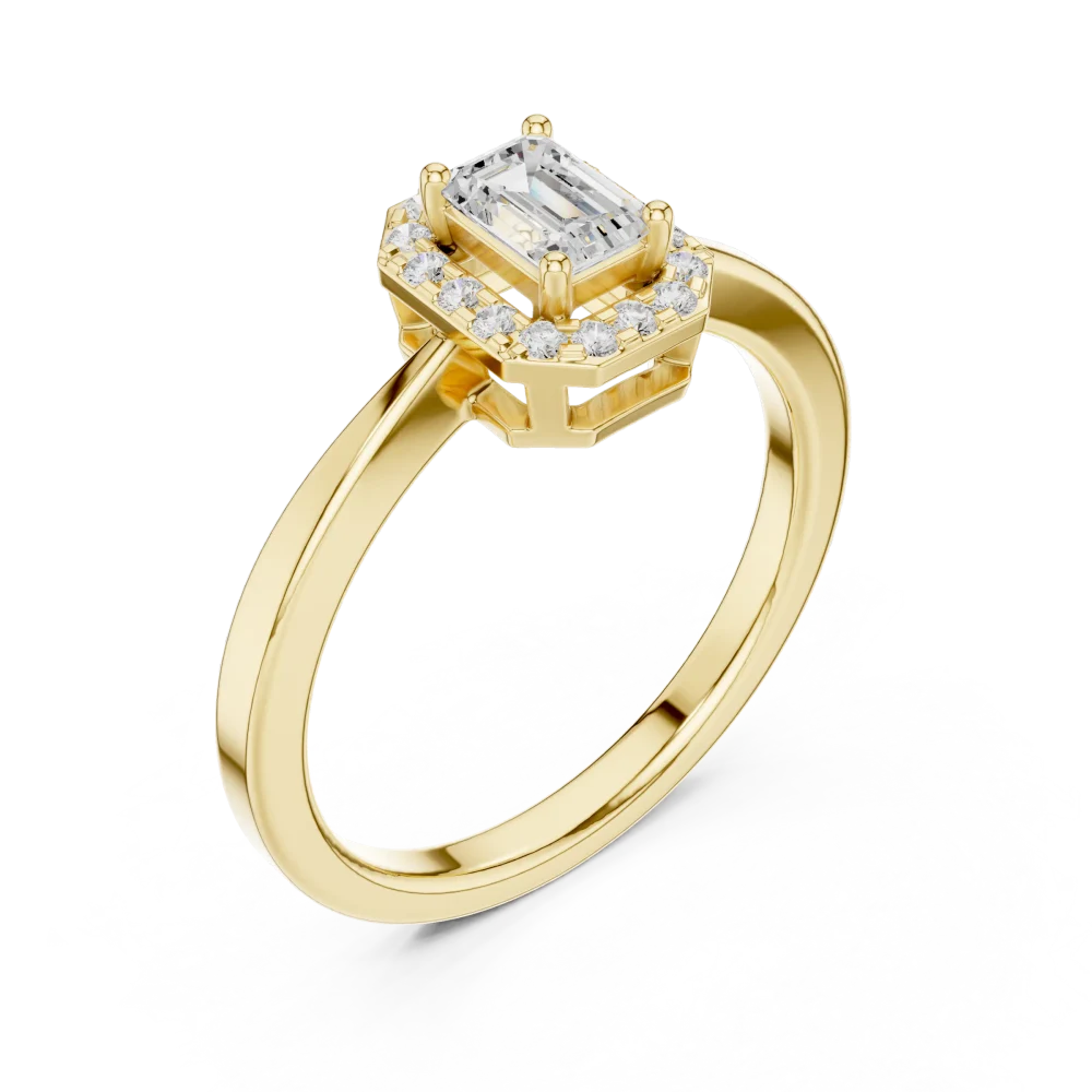 Discover this exquisite emerald-cut halo ring featuring premium DIAMEUR diamonds. A timeless, sustainable luxury design—shop this modern classic today.