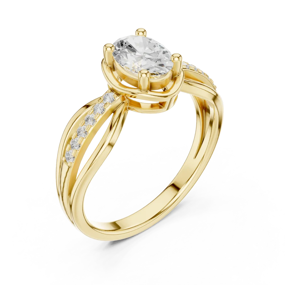 Discover the radiant beauty of this oval Solitaire ring, featuring a brilliant-cut DIAMEUR diamond set in a sleek split-shank design. Elevate your style today.