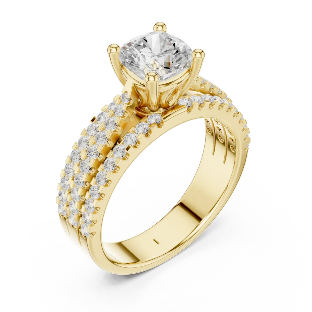 Experience the brilliance of a cushion-cut DIAMEUR diamond accented by multi-row pavé bands. Elevate your style with this sustainable, modern masterpiece.