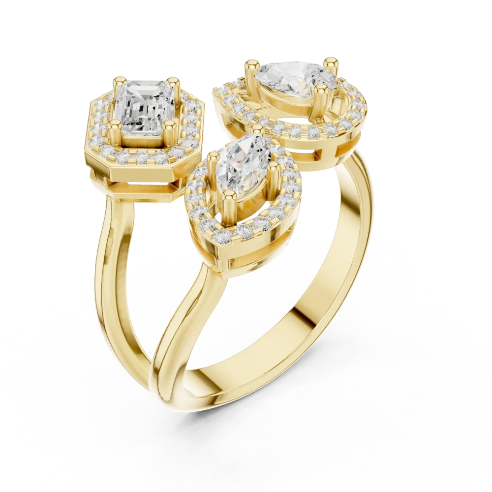 Experience modern elegance with this Triad multi-shape DIAMEUR diamond ring. A refined geometric statement piece crafted for light-reflecting brilliance.