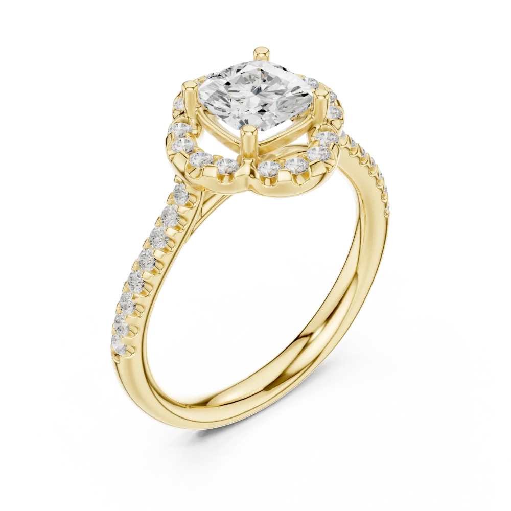 Discover the radiant beauty of our cushion-cut halo ring. Featuring hand-set DIAMEUR diamonds, this elegant piece is a modern classic. Shop now.