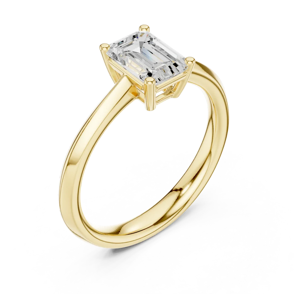 Discover the Essence Emerald Cut Solitaire Ring, a modern classic featuring a brilliant DIAMEUR diamond. Elevate your collection with sustainable luxury.