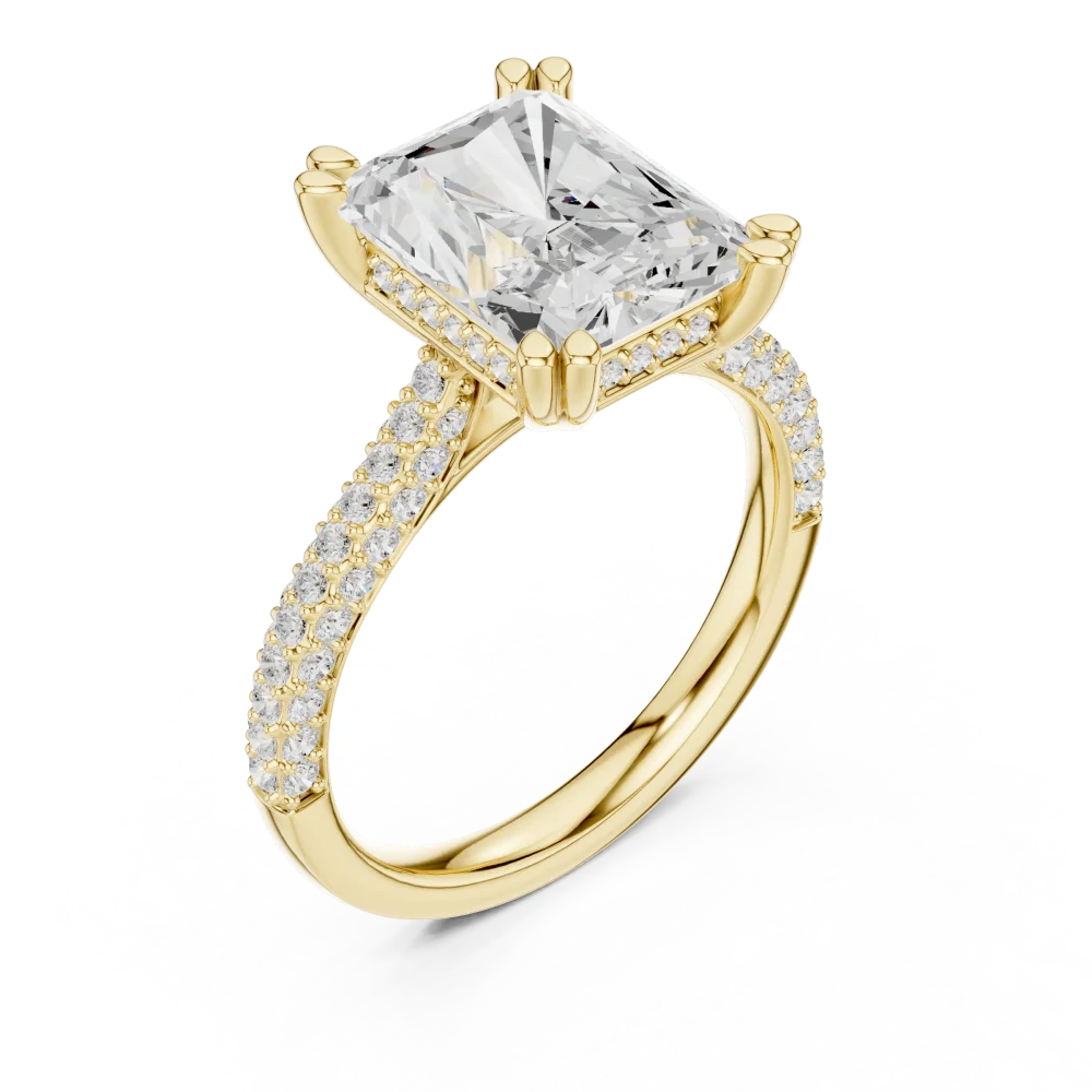 Discover the Luminary Radiant Cut Solitaire Ring, a masterpiece of fire and brilliance featuring meticulously pavé-set DIAMEUR diamonds. Shop now.