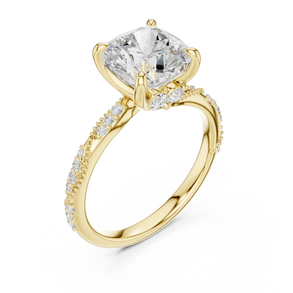 Discover the Luminary Cushion Cut Solitaire, a masterpiece of sustainable luxury featuring brilliant-cut DIAMEUR diamonds. Shop your forever ring.